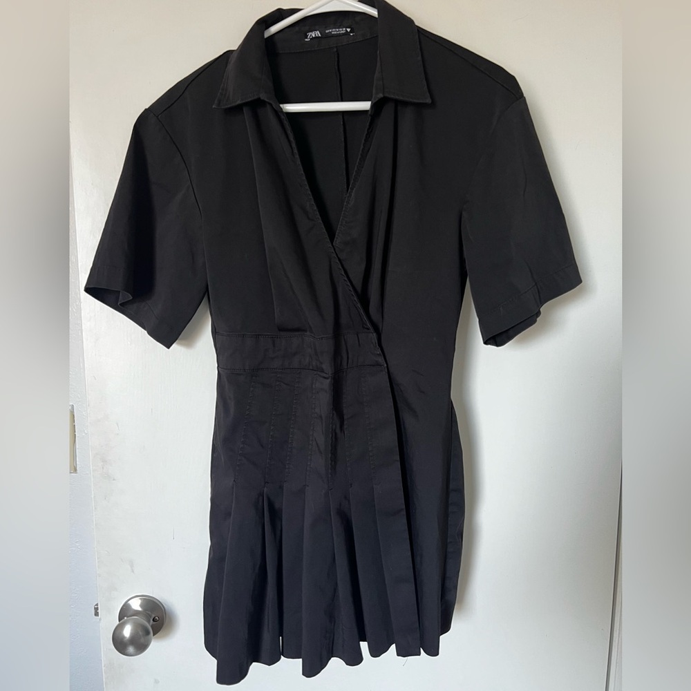 Zara Black Short Sleeve Notched Collar Dress